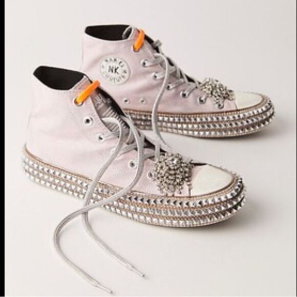 Nan-Ku Shoes - Nan-Ku Couture Cruise Studded Hi Top Sneakers With Crystals Light Pink US 7
